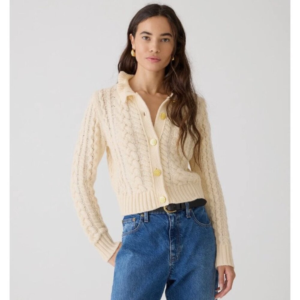 J Crew Sweater Womens XXL Cream Cable Knit Cardigan Ruffle Neck Gold Buttons - Picture 1 of 16